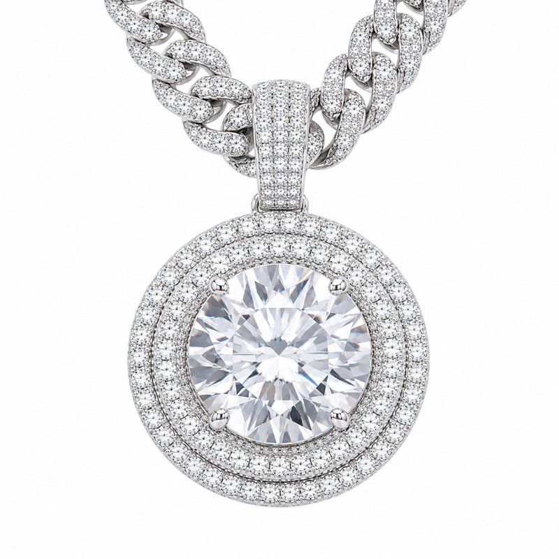 Silver double-halo diamond pendant on a Cuban link chain
