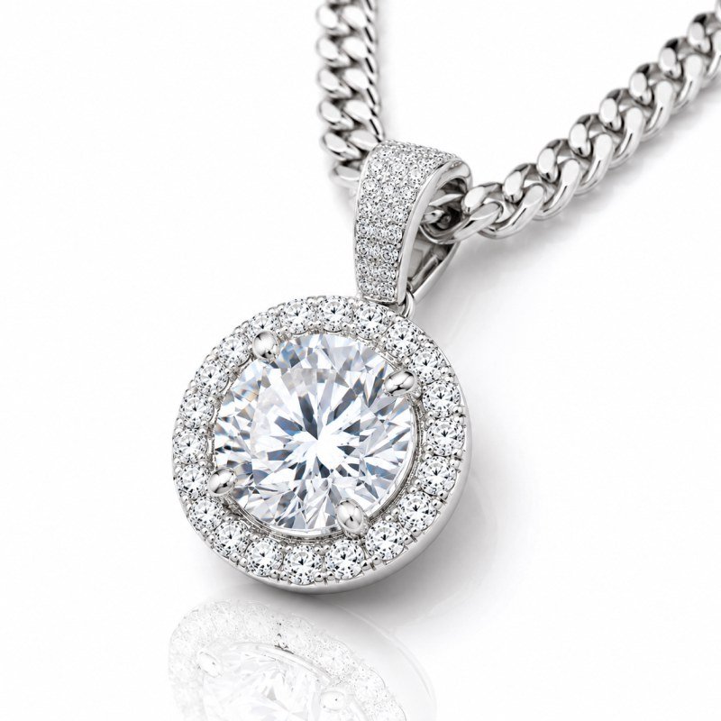 Round diamond halo pendant on a silver Cuban chain