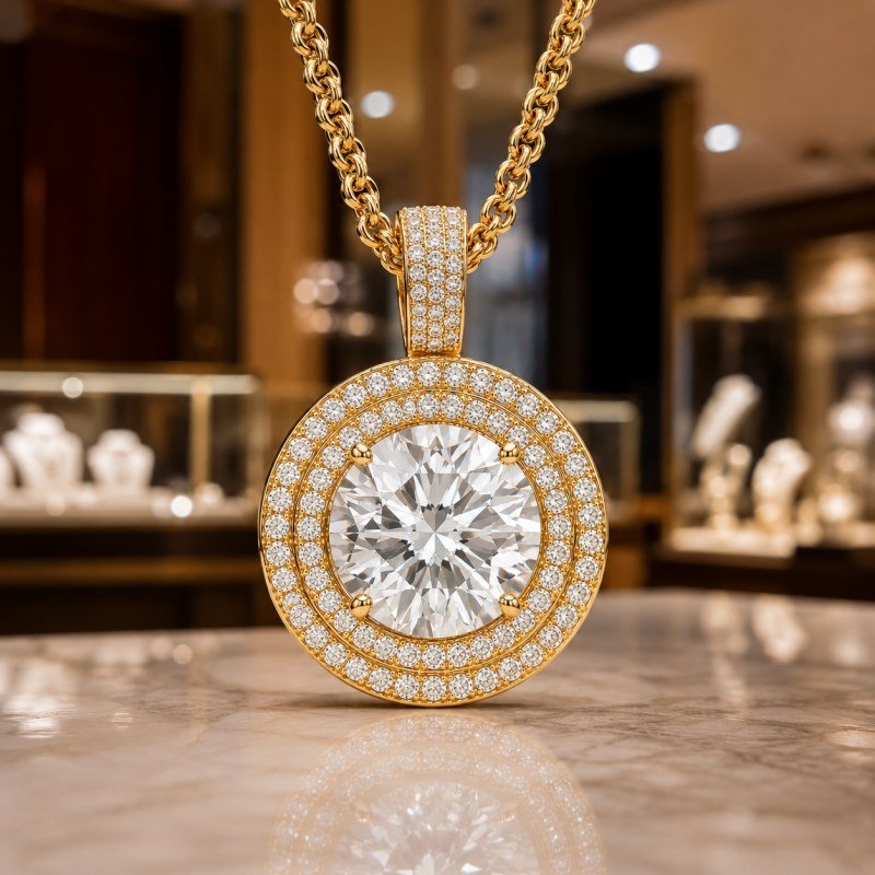 Gold round diamond medallion pendant in a jewelry showroom