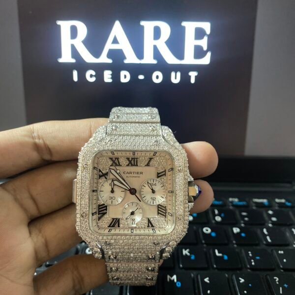 Black roman Numerals Cronograph Dial Full Iced Out Moissanite Diamond Watch