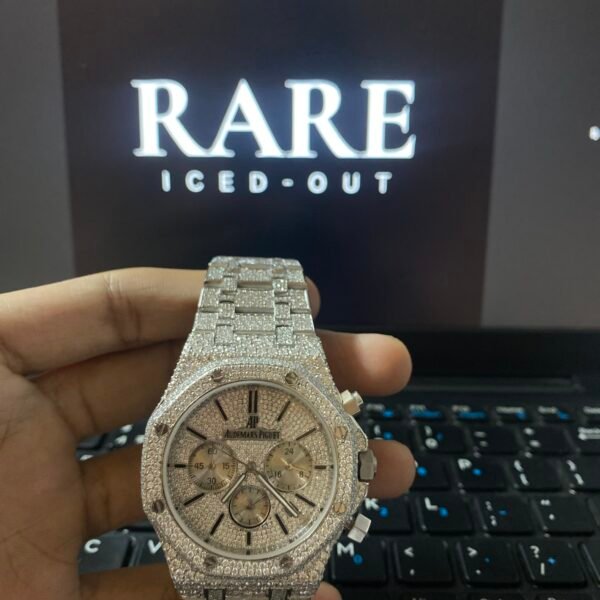 Black Stick Numerals Cronograph Dial Full Iced Out Moissanite Diamond Watch