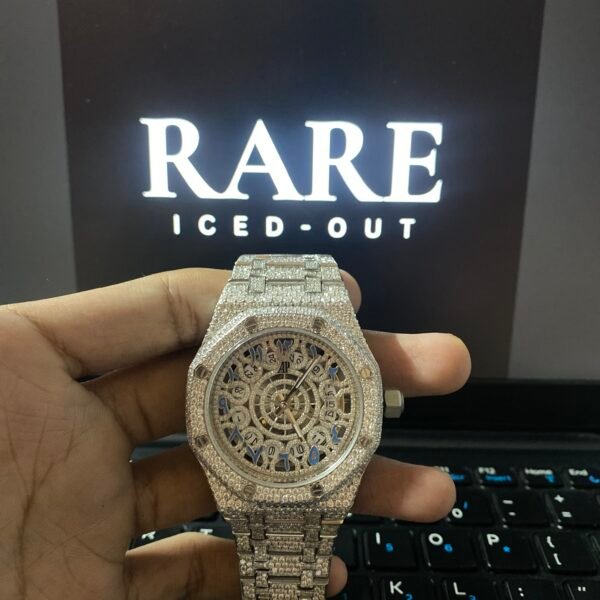 Blue Arabic Numeral Skeleton Dial Fully Iced Out Moissanite Diamond Watch