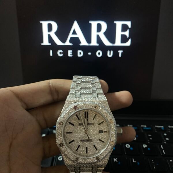 Black Stick Numerals White Dial Full Iced Out Moissanite Diamond Watch