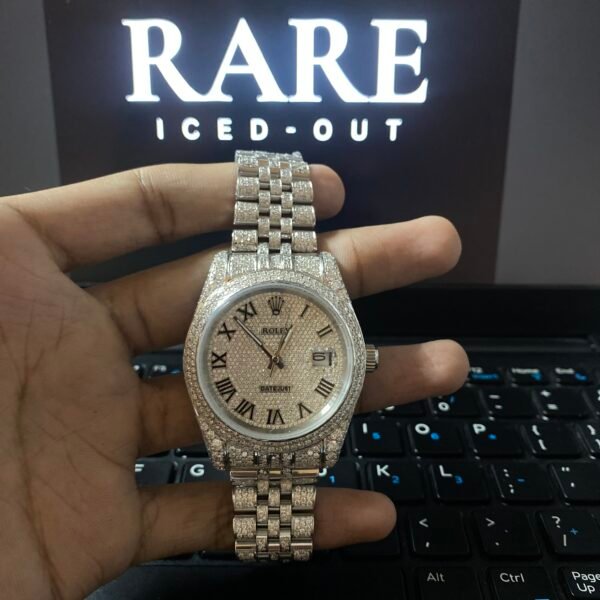 Black Roman Numerals White Dial Fully Iced Out Moissanite Watch