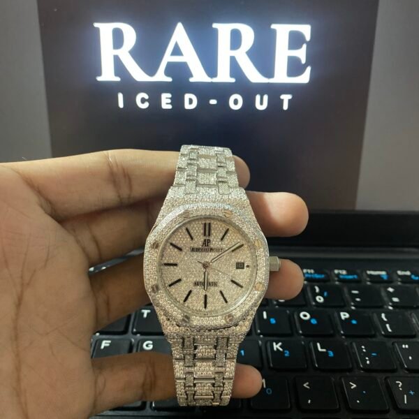 Black Stick Numerals White Dial Full Iced Out Moissanite Diamond Watch