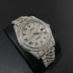 Rolex Oyster Black Roman Numerals White Dial Fully Iced Out Moissanite Watch