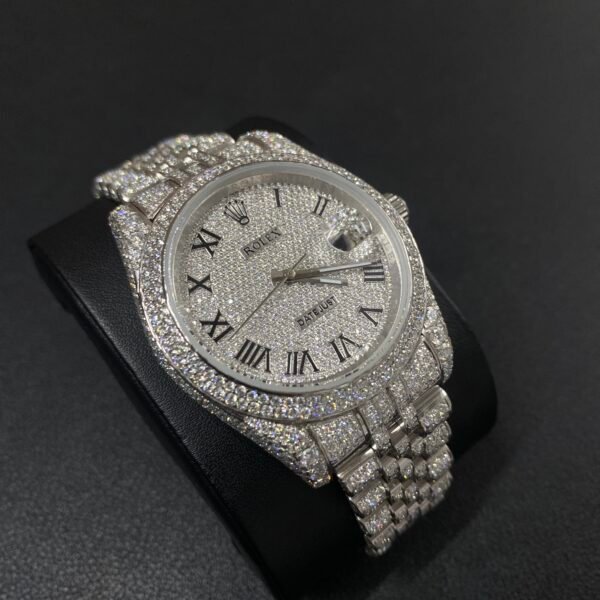 Rolex Oyster Black Roman Numerals White Dial Fully Iced Out Moissanite Watch