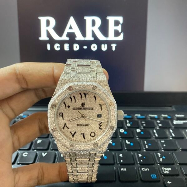 Black Arabic Numerals White Dial Full Iced Out Moissanite Diamond Watch